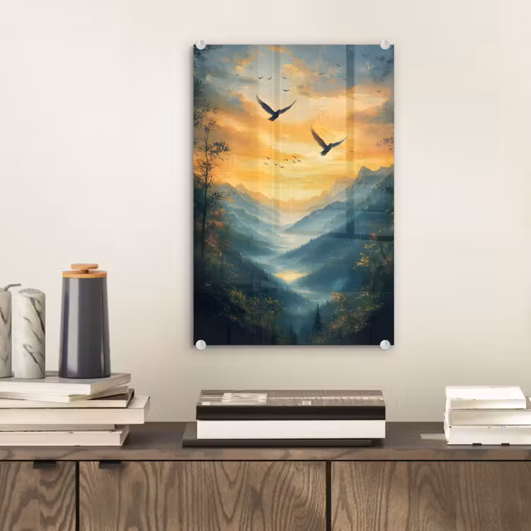 Glas schilderij - Vogels - Zon - Bomen - Groen — 2