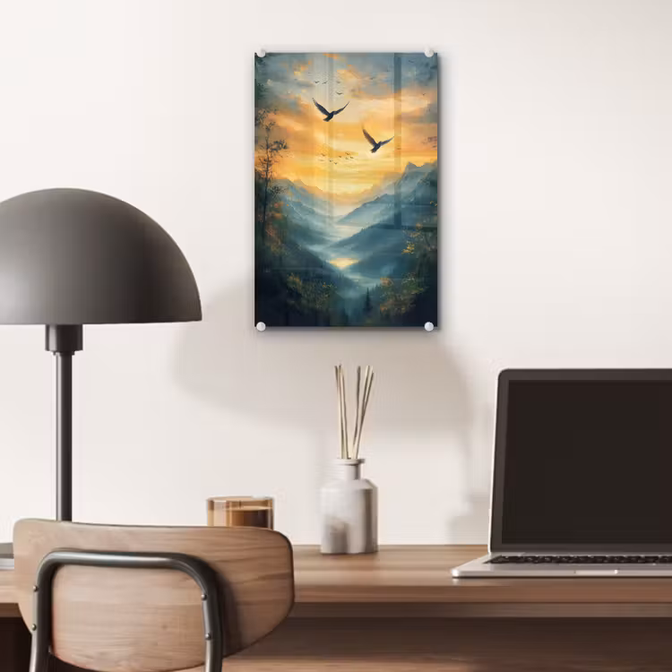 Glas schilderij - Vogels - Zon - Bomen - Groen — 7