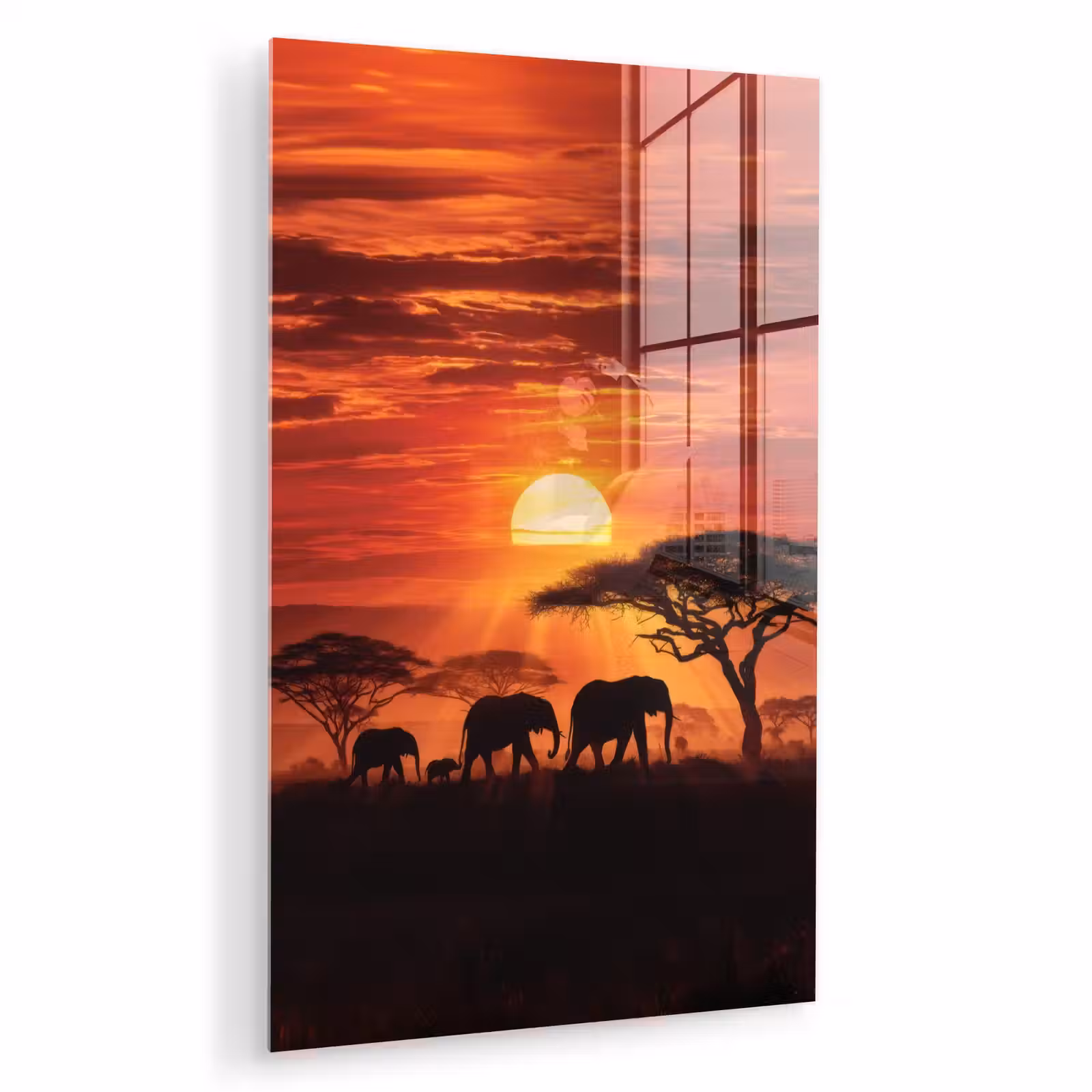 Glas schilderij - Savanne - Olifanten - Zonsondergang — 1