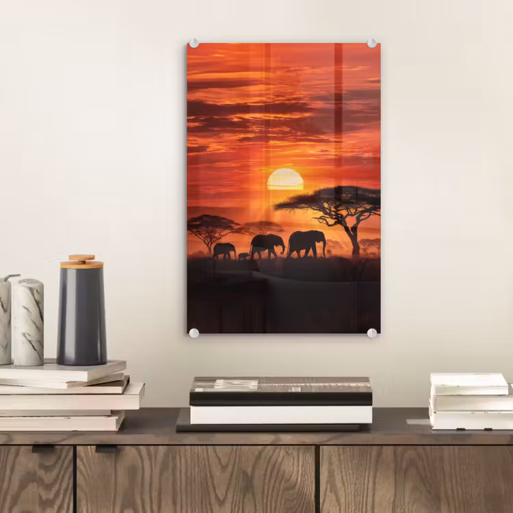 Glas schilderij - Savanne - Olifanten - Zonsondergang — 2