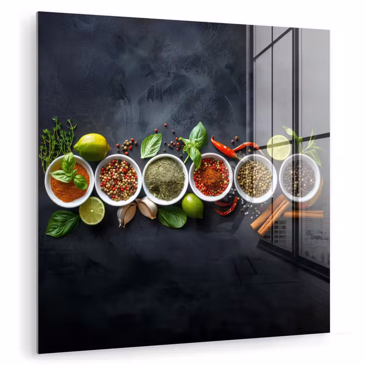Glas schilderij - Kruiden - Specerijen - Betonlook - Stilleven — 1