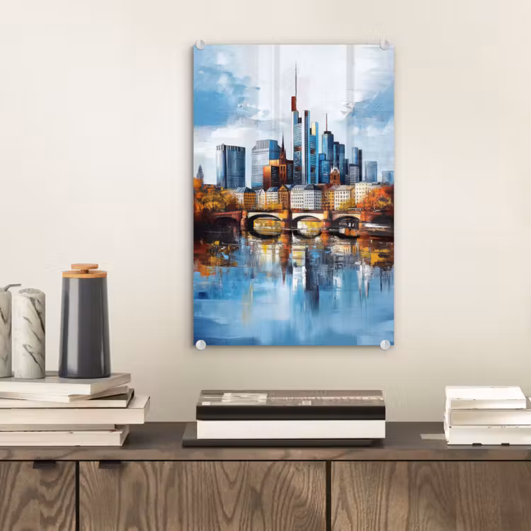 Glas schilderij - Bomen Frankfurt- Stad - Skyline - Brug — 2