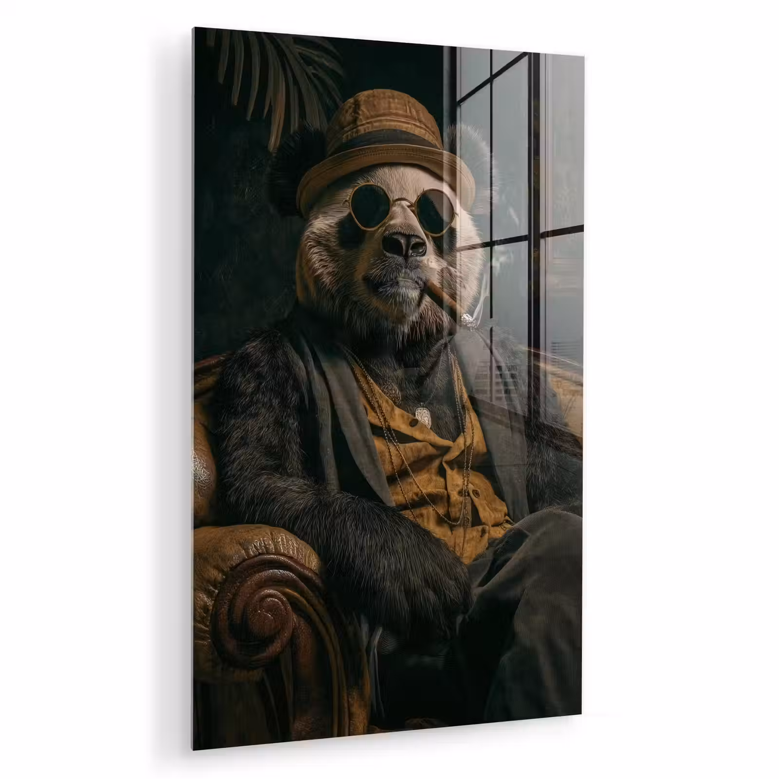 Glas schilderij - Panda - Hoed - Bril - Pak — 1
