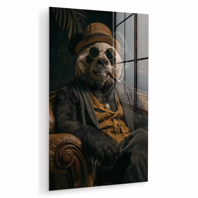 Glas schilderij - Panda - Hoed - Bril - Pak — 1