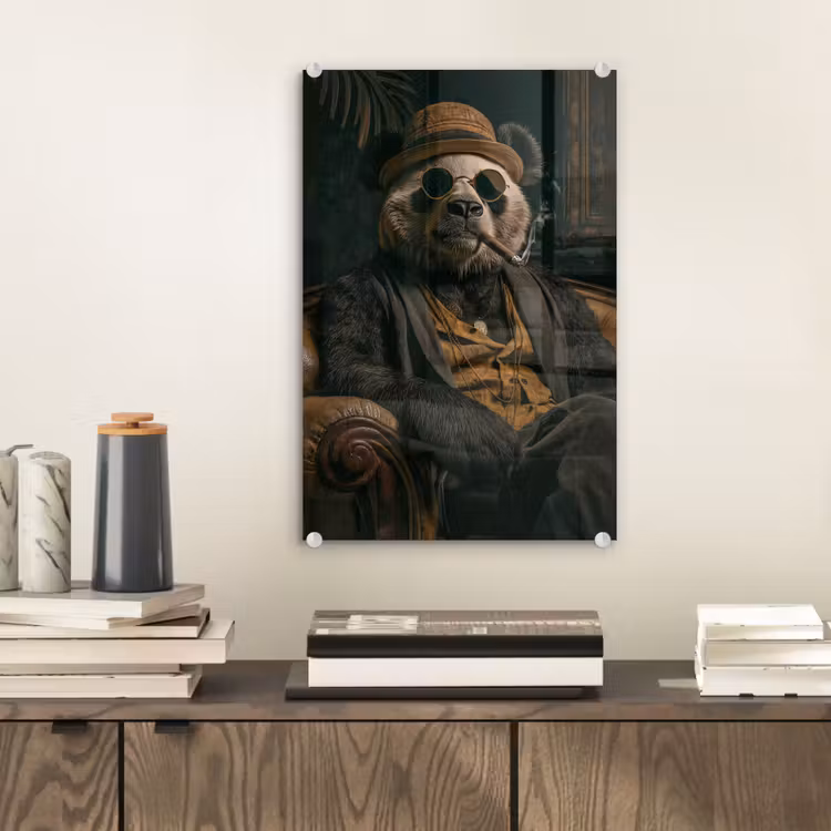Glas schilderij - Panda - Hoed - Bril - Pak — 2