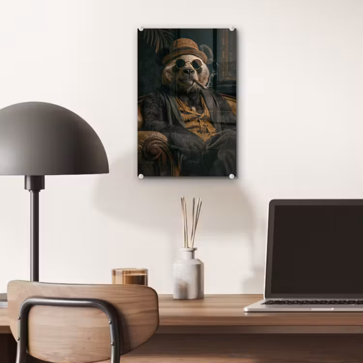 Glas schilderij - Panda - Hoed - Bril - Pak — 7