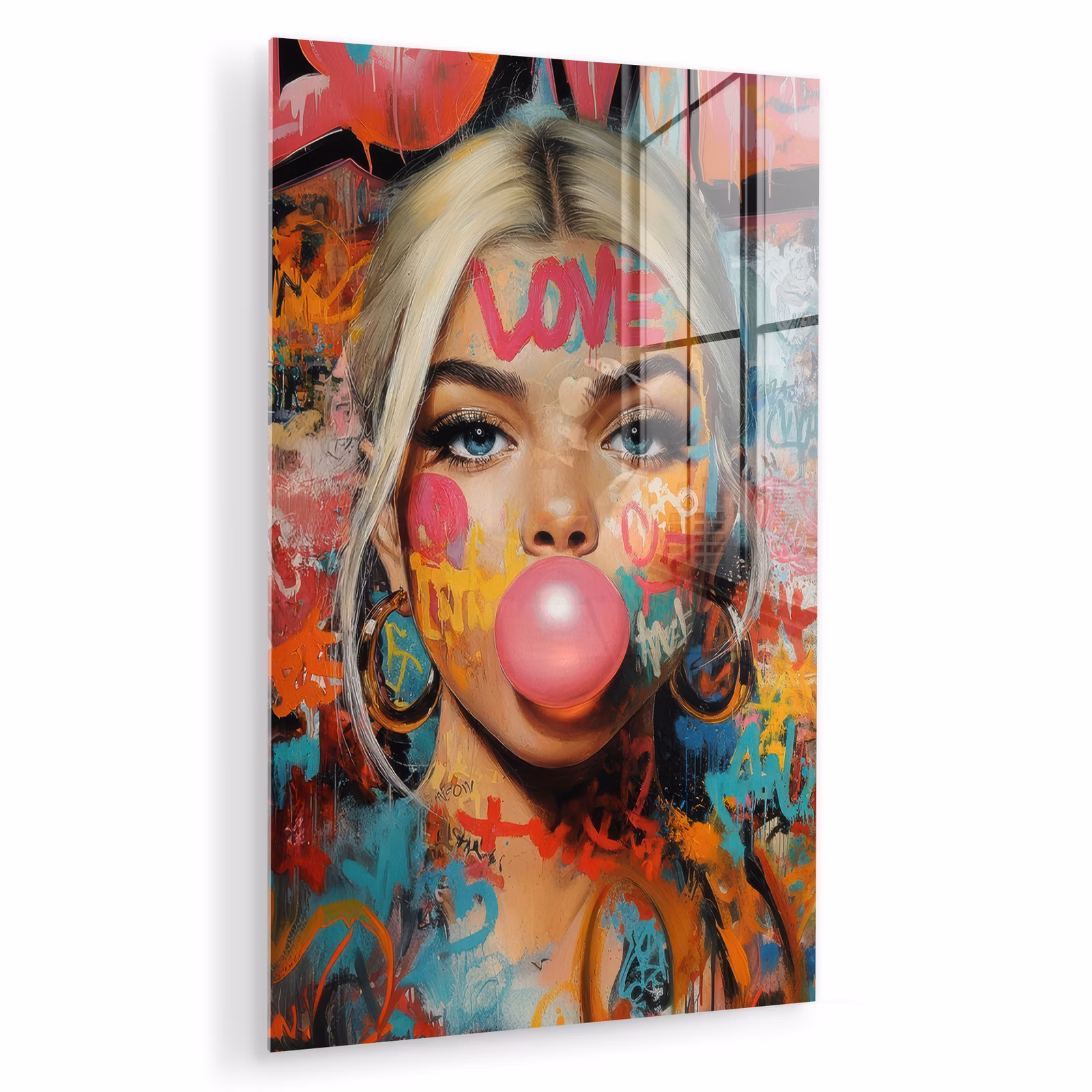 Glas schilderij - Vrouw - Kauwgom - Graffiti - Love — 1