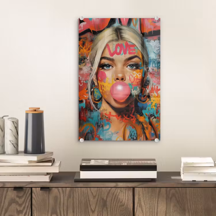 Glas schilderij - Vrouw - Kauwgom - Graffiti - Love — 2
