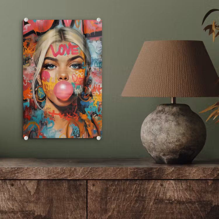 Glas schilderij - Vrouw - Kauwgom - Graffiti - Love — 4