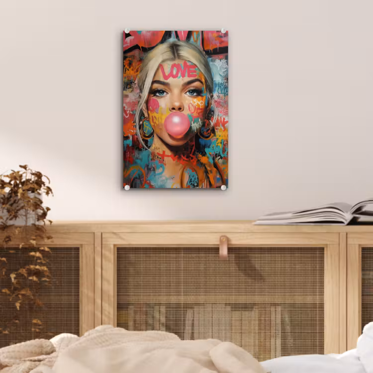 Glas schilderij - Vrouw - Kauwgom - Graffiti - Love — 5