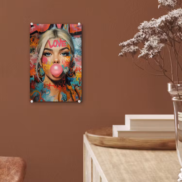 Glas schilderij - Vrouw - Kauwgom - Graffiti - Love — 6