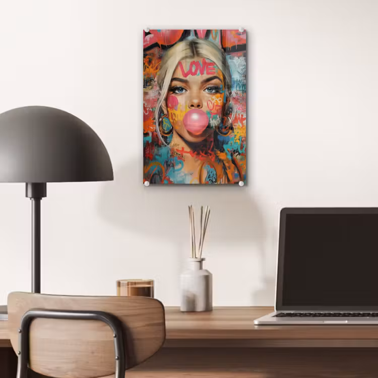 Glas schilderij - Vrouw - Kauwgom - Graffiti - Love — 7
