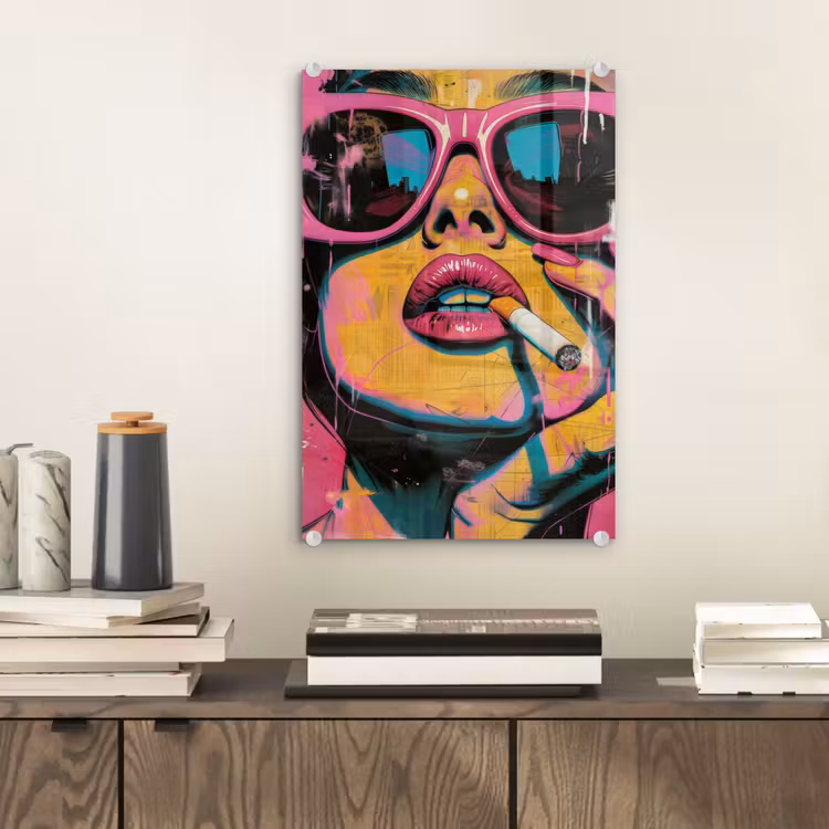 Glas schilderij - Portret - Vrouw - Abstract - Zonnebril — 2