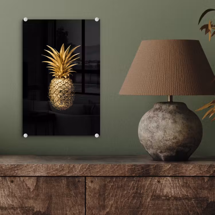 Glas schilderij - Ananas - Zwart - Goud - Luxe — 4