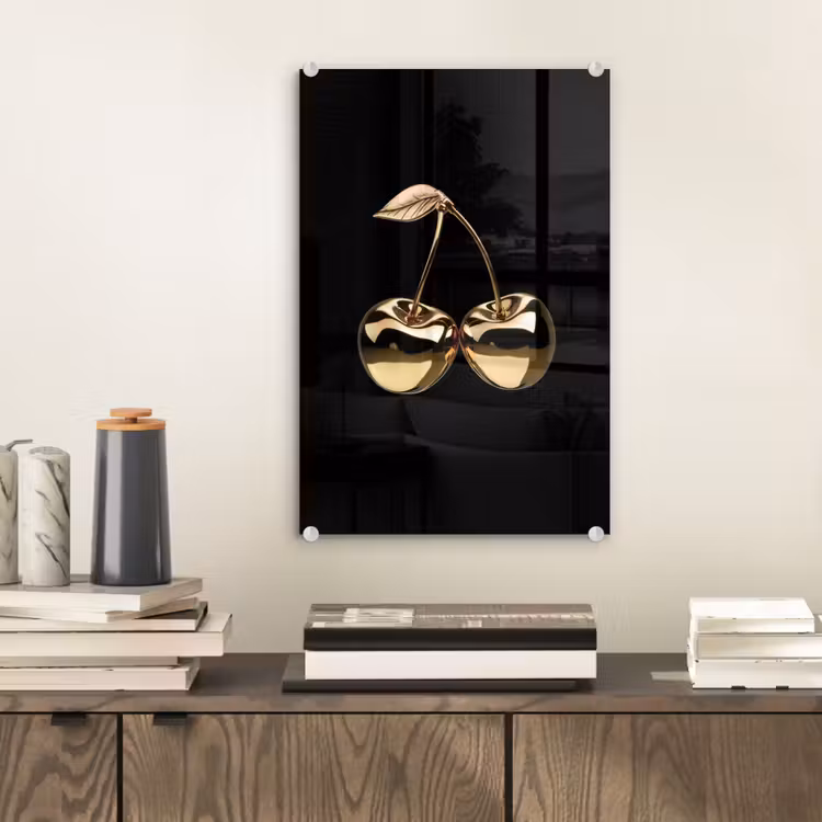 Glas schilderij - Kersen - Zwart - Goud - Chrome — 2