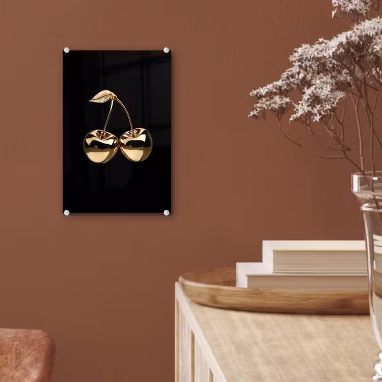 Glas schilderij - Kersen - Zwart - Goud - Chrome — 6