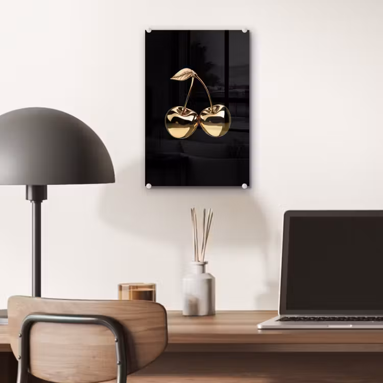 Glas schilderij - Kersen - Zwart - Goud - Chrome — 7