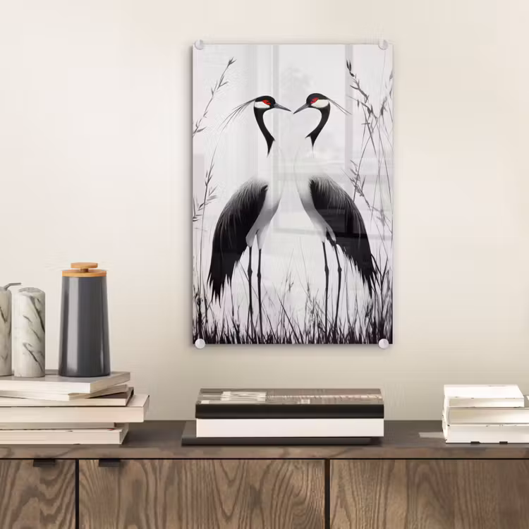 Glas schilderij - Kraanvogels - Gras - Hartvorm - Zwart — 2