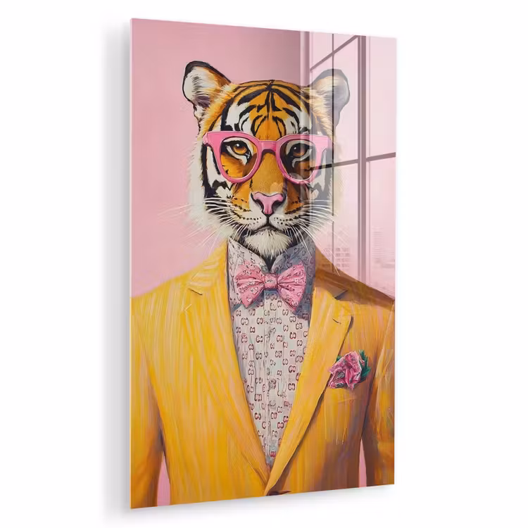 Glas schilderij - Tijger - Bril - Geel - Jasje — 1
