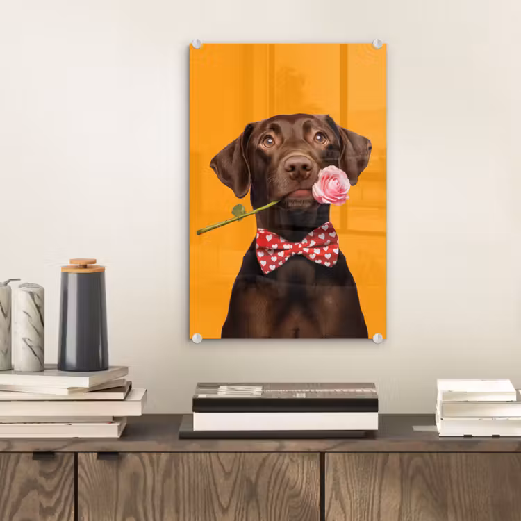 Glas schilderij - Hond - Oranje - Roos - Valentijn — 2