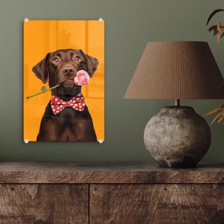 Glas schilderij - Hond - Oranje - Roos - Valentijn — 4