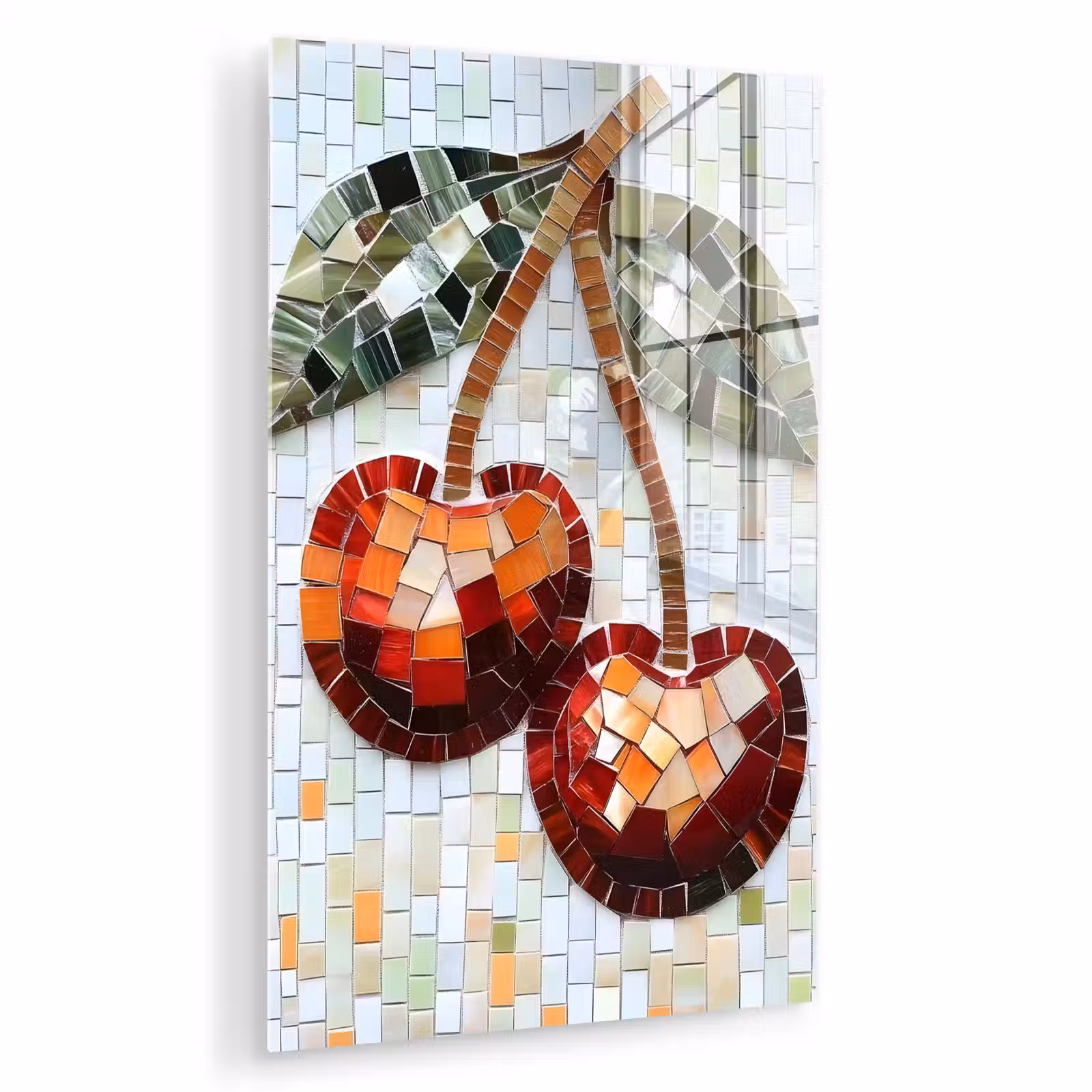 Glas schilderij - Kersen - Rood - Mozaïek - Blaadjes — 1