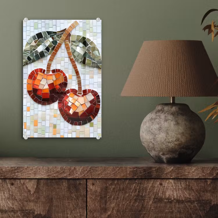 Glas schilderij - Kersen - Rood - Mozaïek - Blaadjes — 4