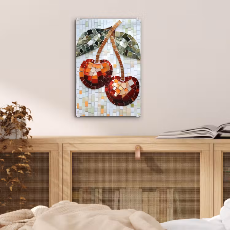 Glas schilderij - Kersen - Rood - Mozaïek - Blaadjes — 5