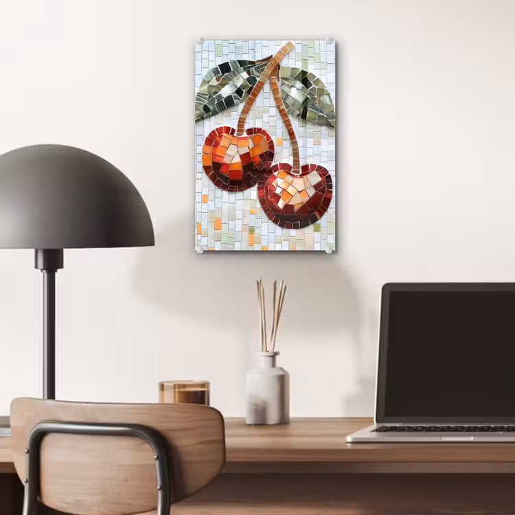 Glas schilderij - Kersen - Rood - Mozaïek - Blaadjes — 7