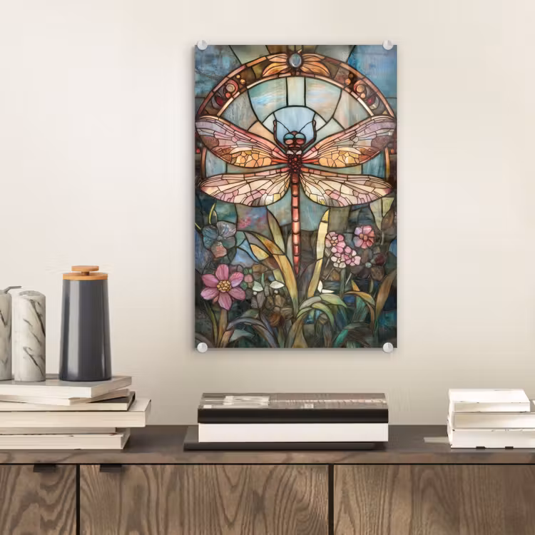 Glas schilderij - Libelle - Mozaïek - Bloemen - Kleurrijk — 2