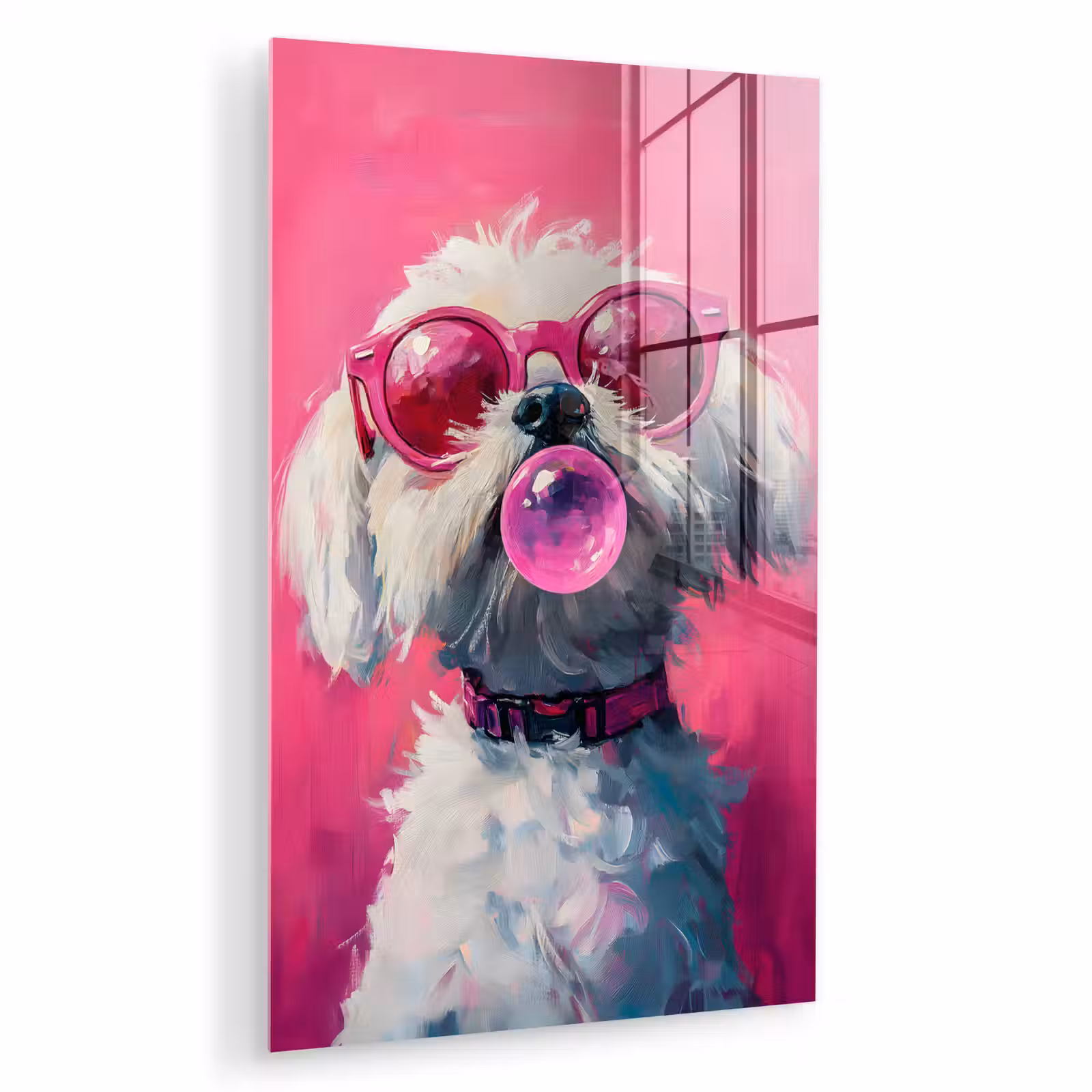 Glas schilderij - Pink - Hond - Bubbel — 1
