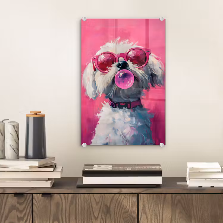Glas schilderij - Pink - Hond - Bubbel — 2