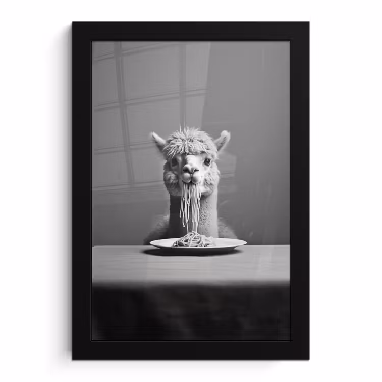 Poster met lijst - Alpaca - Pasta - Zwart - Wit - Grappig - Dieren — 1
