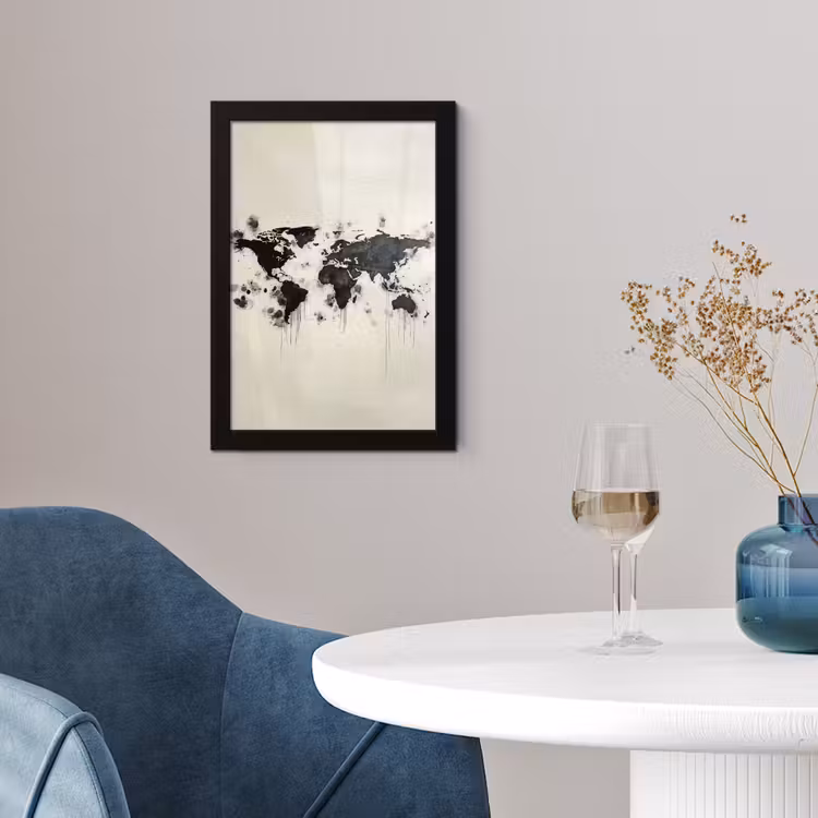 Poster met lijst - Wereldkaart - Zwart - Inkt — 2