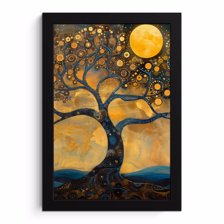Poster met lijst - Boom - Maan - Bloemen - Goud - Kunst — 1