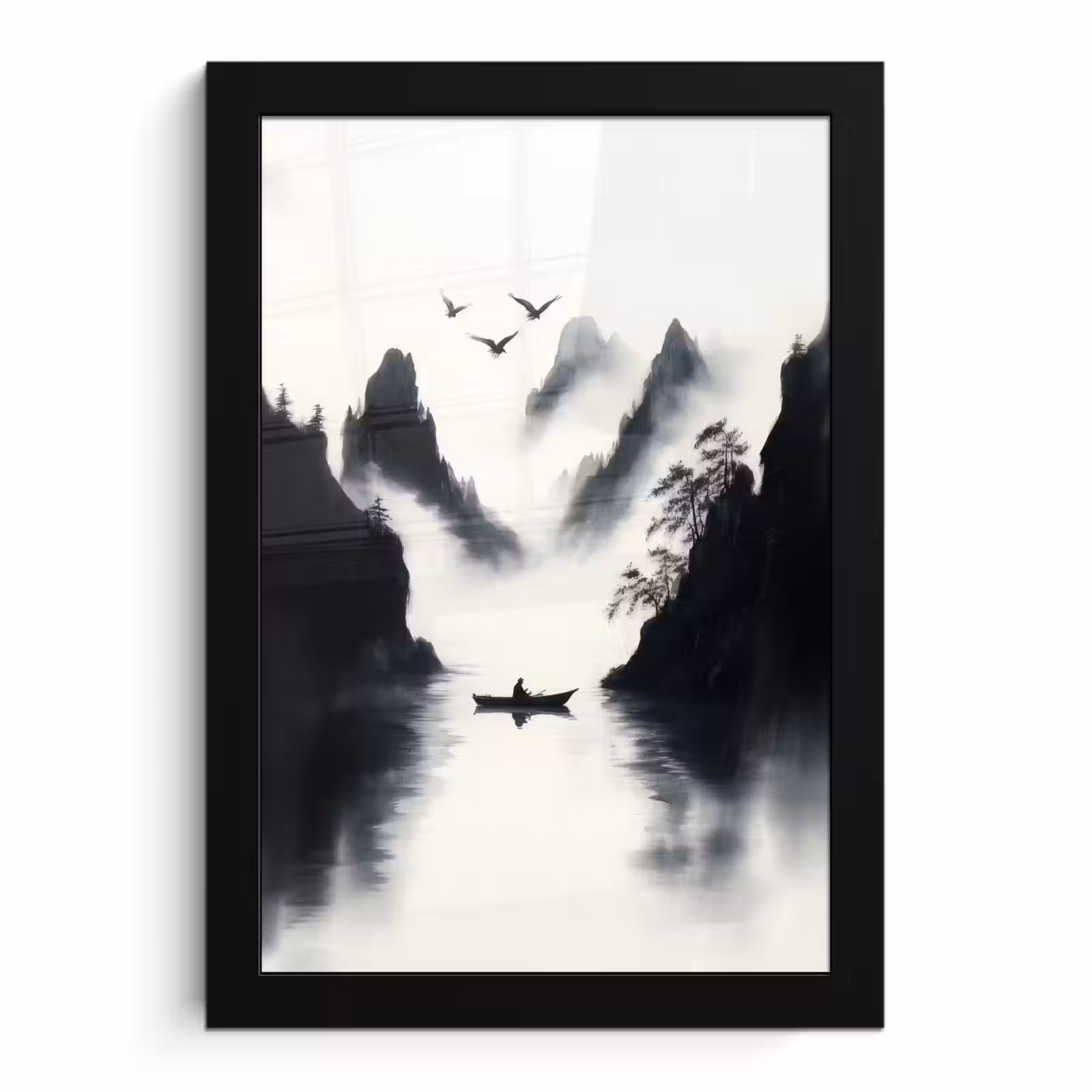 Poster met lijst - Roeiboot - Mistig - Bergen - Vogels — 1