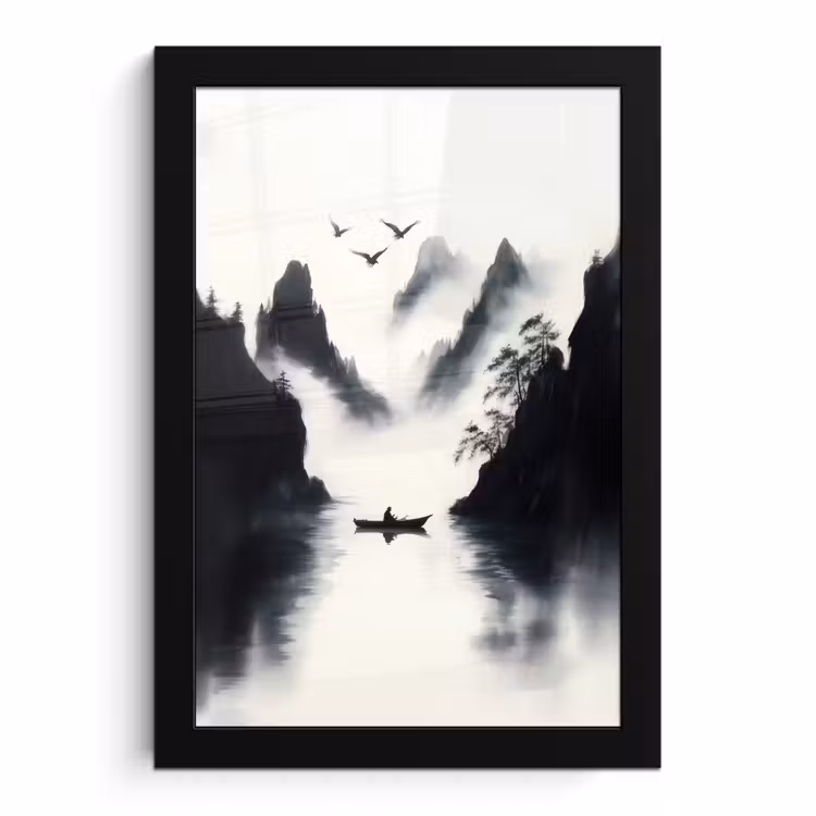 Poster met lijst - Roeiboot - Mistig - Bergen - Vogels — 1