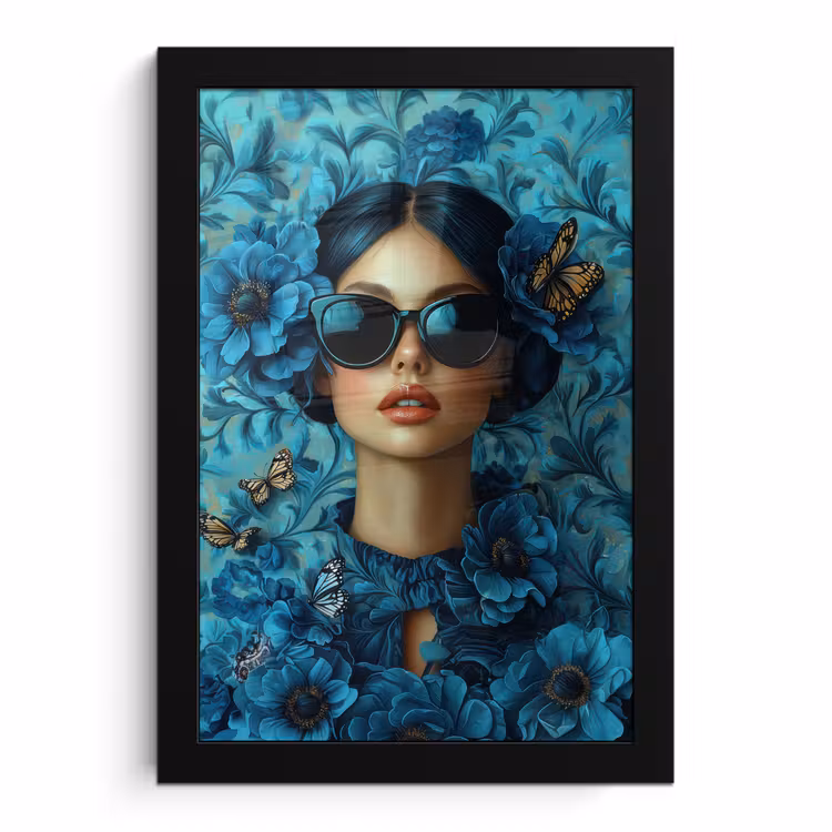 Poster met lijst - Vrouw - Bloemen - Vlinders - Blauw - Abstract — 1
