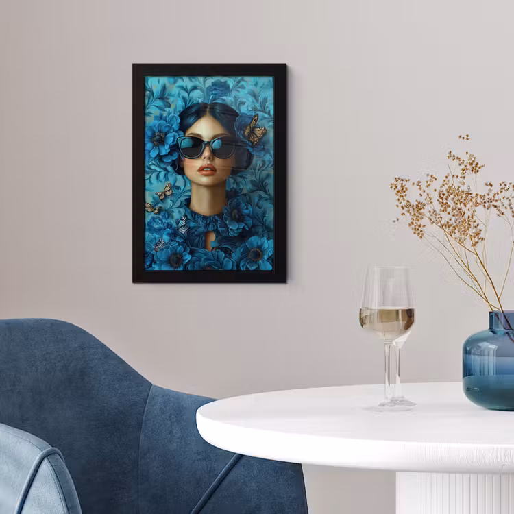 Poster met lijst - Vrouw - Bloemen - Vlinders - Blauw - Abstract — 2