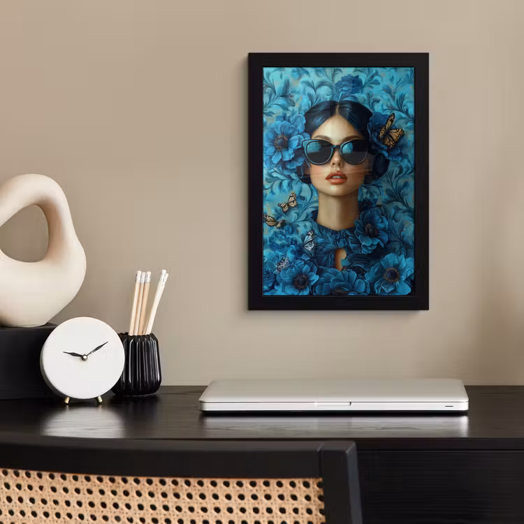 Poster met lijst - Vrouw - Bloemen - Vlinders - Blauw - Abstract — 3