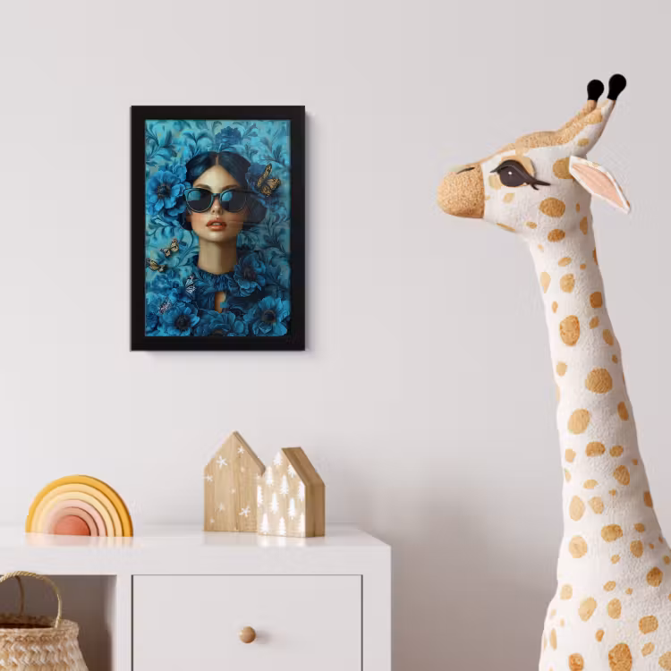 Poster met lijst - Vrouw - Bloemen - Vlinders - Blauw - Abstract — 5