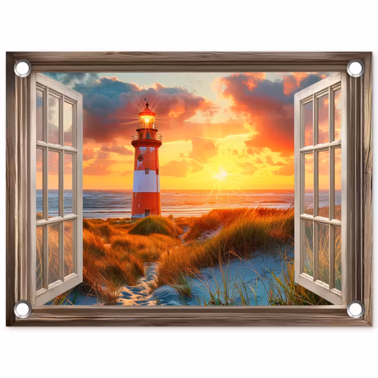 Tuinposter - Doorkijk - Raam - Vuurtoren - Zonsondergang - Strand — 1