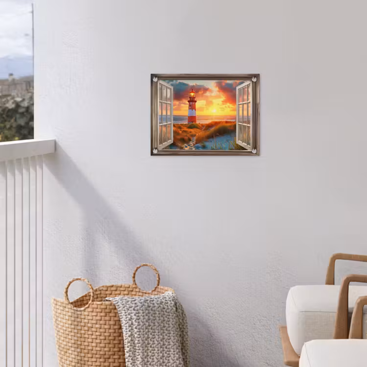 Tuinposter - Doorkijk - Raam - Vuurtoren - Zonsondergang - Strand — 3