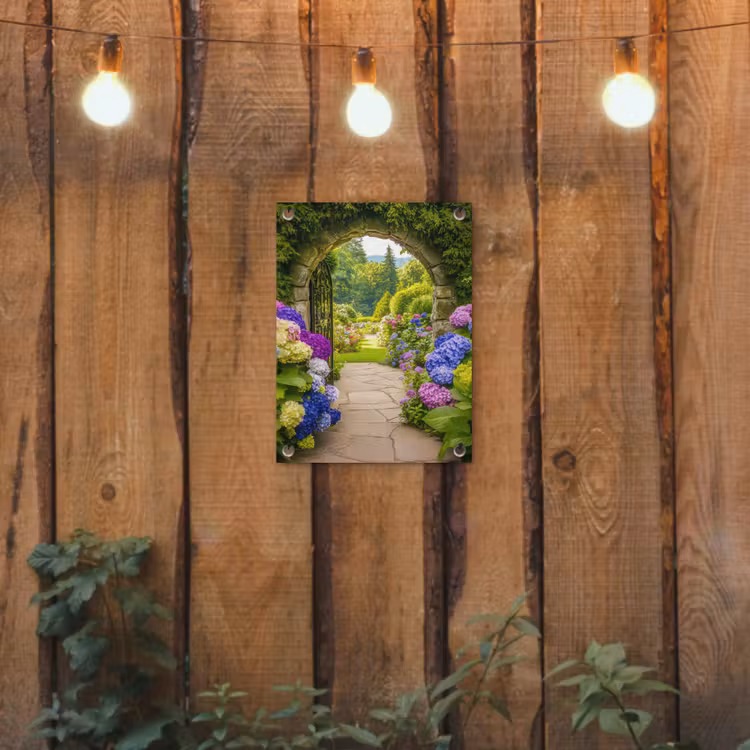 Tuinposter - Doorkijk - Poort - Hortensia - Bloementuin — 2