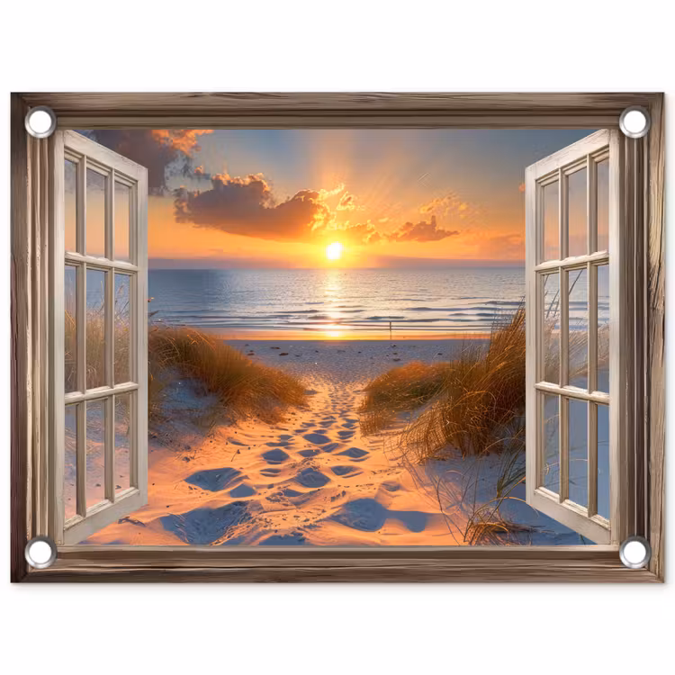 Tuinposter - Doorkijk - Strand - Duinen - Zonsondergang — 1