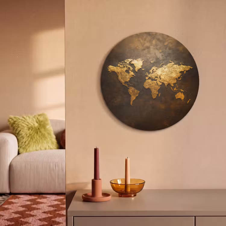 Akoestisch schilderij rond - Wereldkaart - Goud - Roest — 3
