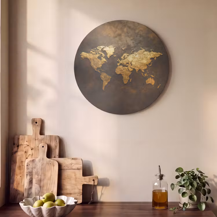 Akoestisch schilderij rond - Wereldkaart - Goud - Roest — 4