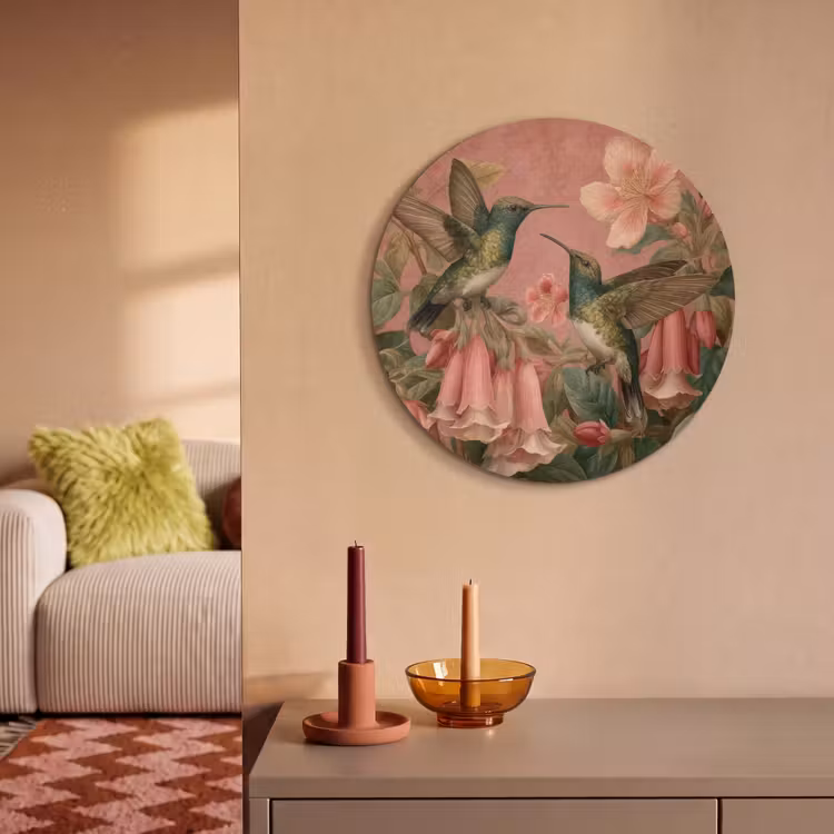 Akoestisch schilderij rond - Kolibries - Bloemen - Groen - Roze — 3