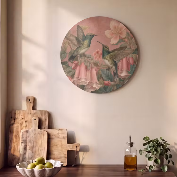 Akoestisch schilderij rond - Kolibries - Bloemen - Groen - Roze — 4