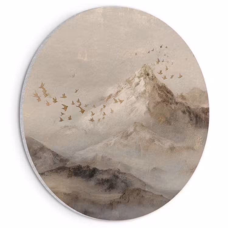 Akoestisch schilderij rond - Berglandschap - Mist  - Penseelstreken — 1